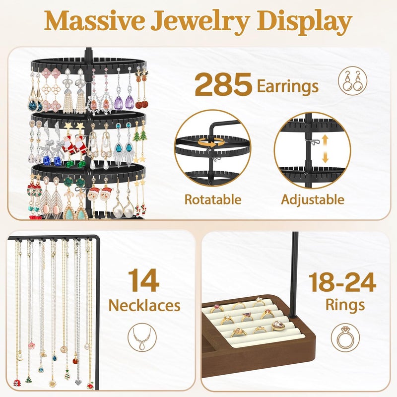 MODOWEY Earring Holder Organizer Jewelry Stand, 285 U-Slots Adjustable Rotating Earring Tree Rack, 14 Hooks Tall Necklace Display for Women, 5 Tier Compact Large Capacity Tower with Ring Tray, Black - Image 3